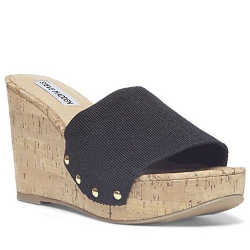 Steve Madden Black Wedge Sandals with Cork Platform size 10